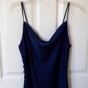 Dark Blue Satin Buttoned Side Slit Midi Dress